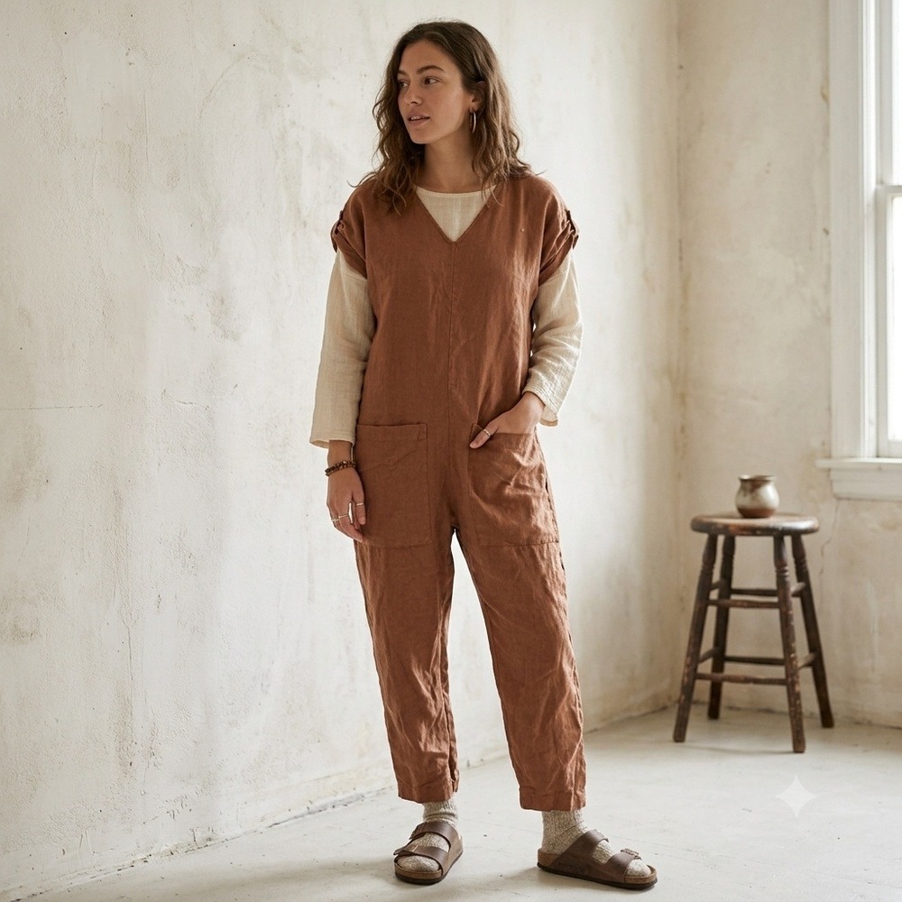 S. Kanouni Womens Jumpsuit 2‎ Medium Brown Linen V-Neck Pocket Lagenlook Boho